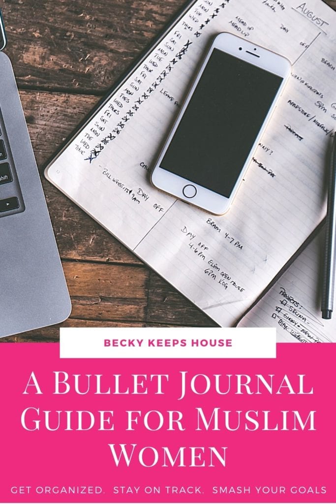 An iphone on a Bullet Journal next to a laptop with the words A Bullet Journal Guide for Muslim Women.