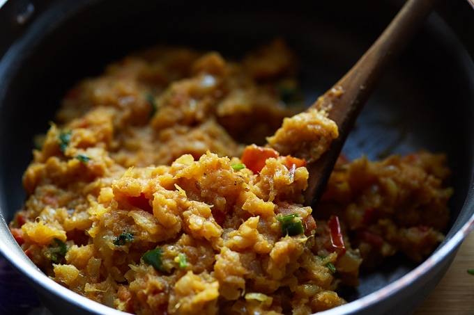 Closeup of turnip curry (shalgam ki bhujia) in a pan.